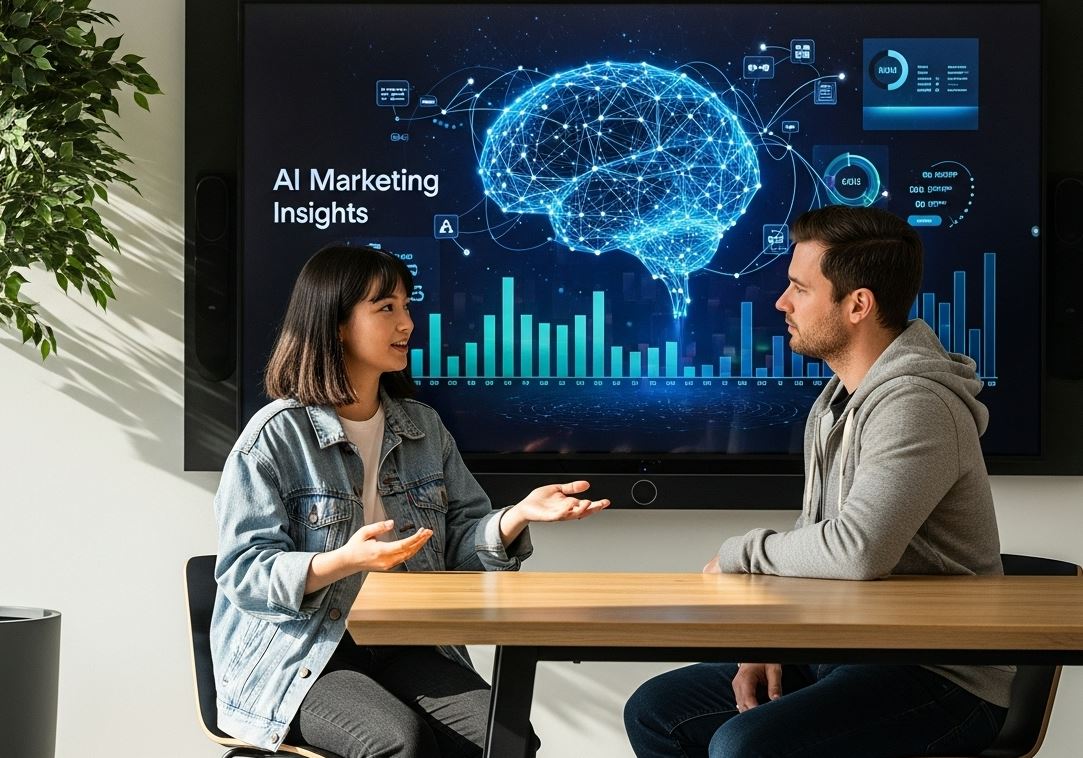 Two colleagues discussing marketing insights